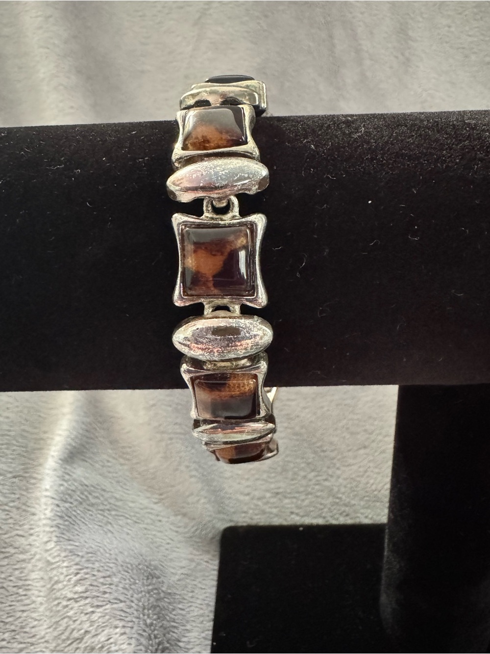 Vintage Silver Tone Link Bracelet With Brown Stones And Magnetic Clasp